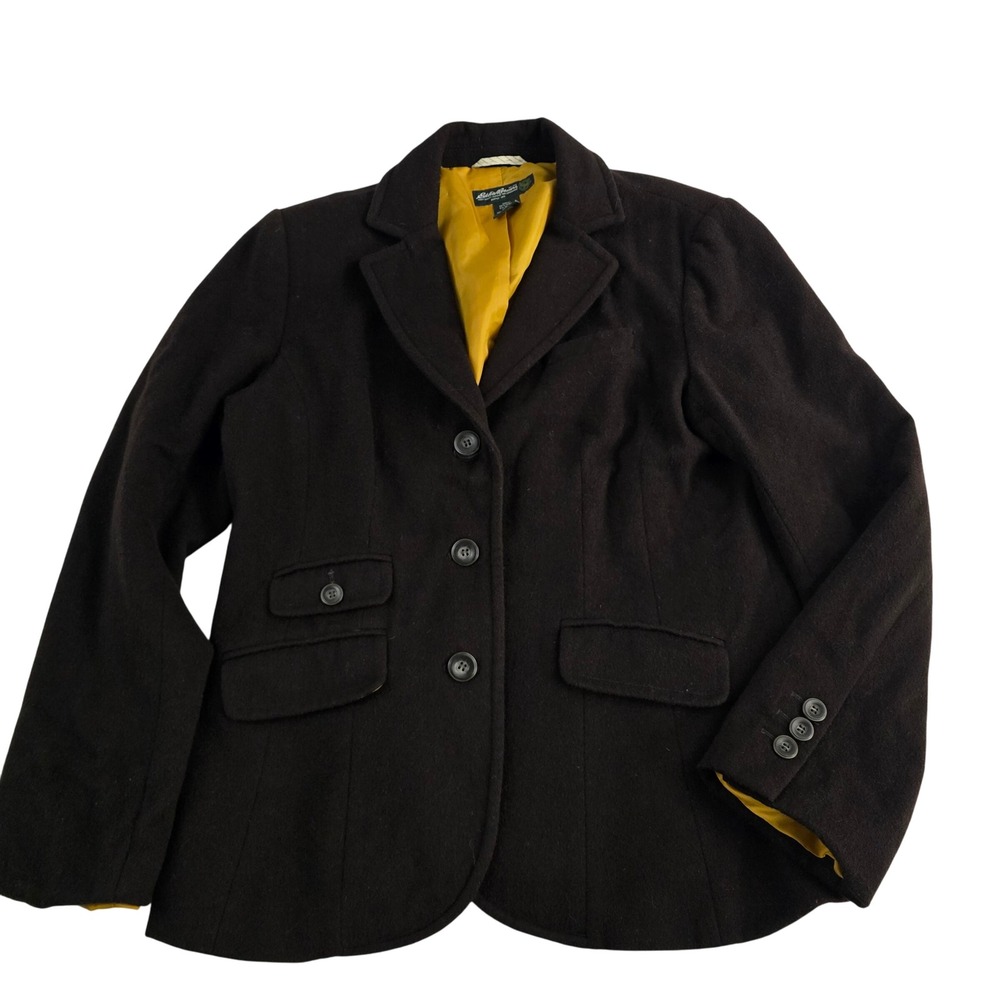 Eddie Bauer Wool Blend Blazer Jacket Womens Brown Gold Lined Business